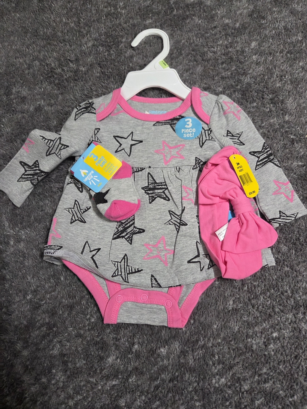 Baby Girls Grey Star Bodysuit Set with Pink Trim - 3 Piece